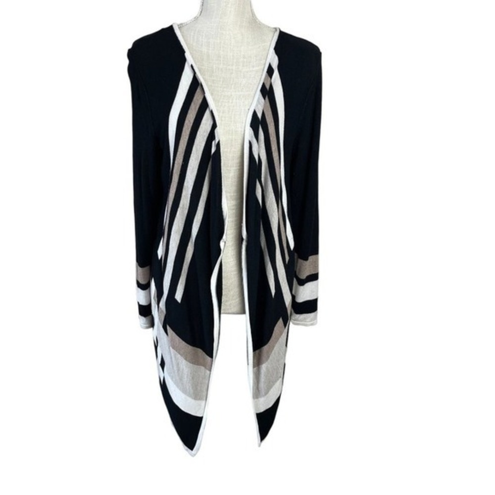 Avenue Cardigan Womens 14/16 Black Striped Knit Open Front High Low Hem Chic‎